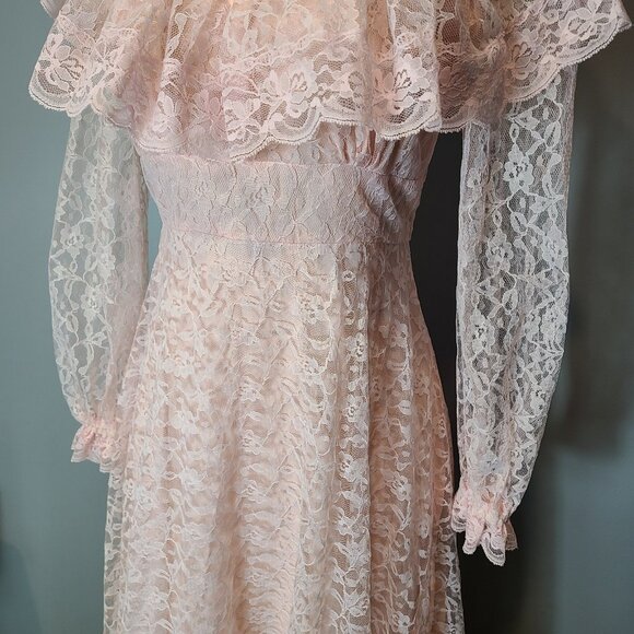 Vintage 70s Victorian Cottagecore Pink Lace Flounce Sleeve Prairie Maxi Dress S - Picture 6 of 16